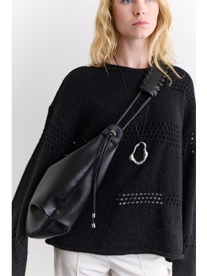 Manuka Örgü Detaylı Tote Çanta Siyah