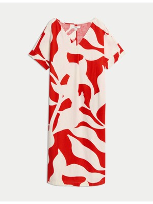 Marks & Spencer Keten Karışımlı Desenli V Yaka Elbise