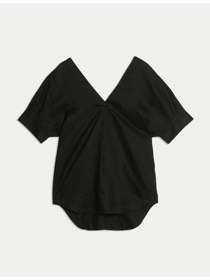 Marks & Spencer Saf Keten V Yakalı Relaxed Popover Bluz