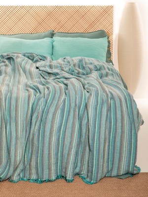 Hepta Collection Rayme Tekstıl Boho Çizgili Yatak Örtüsü 4 Katlı MÜSLIN%100 Pamuk Yumuşak Lüks Yazlık Pike Çift Kişil