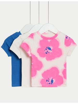 Marks & Spencer 3'lü Pamuk Karışımlı Çiçek Desenli Tişört Seti (2-8 Yaş)