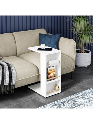 Hepta Collection Intergo-Tekerlekli Yan Sehpa Rulo Havlu Takılabilir Koltuk Sehpası C Sehpa (Beyaz)