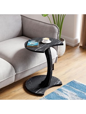 Hepta Collection Intergo Jet Tekerlekli C Sehpa Koltuk Sehpası Yan Sehpa Servis Sehpası - Siyah Mermer Desen