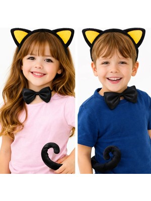Belle Fusion Bfs Sarı Kulaklı Kedi Kostüm Seti – Taç Papyon Kuyruk 3 Parça