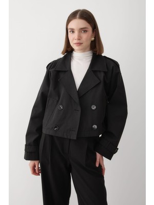 Jaste Kadın Kruvaze Yaka Cepli Trençkot SİYAH