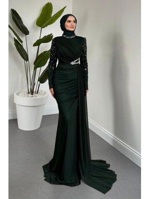 Merven Akyüz Elvira Taş Detaylı Tül  Abiye Zümrüt