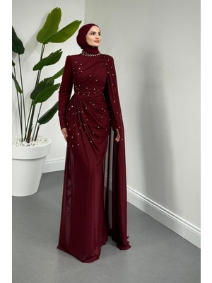 Merven Akyüz Clair Zımba Taşlı Tül Abiye Bordo