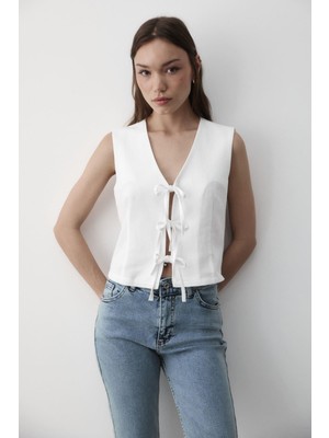 Jaste Kadın Bağlamalı Keten Yelek BEYAZ