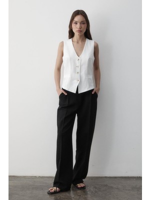 Jaste Kadın Astarlı Düğme Detaylı Keten Yelek BEYAZ