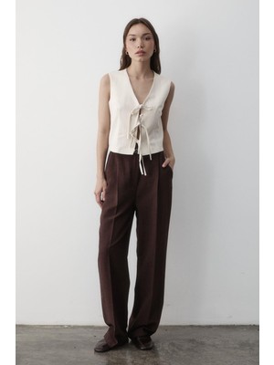 Jaste Kadın Bağlamalı Keten Yelek NATURAL