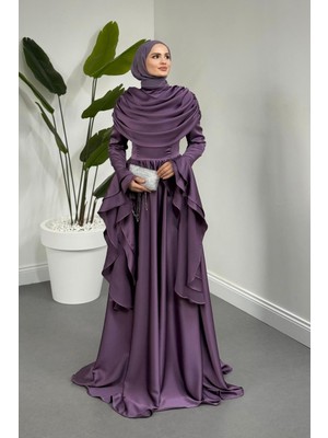 Merven Akyüz Sharin Drapeli Kolları Fırfırlı Abiye Lila