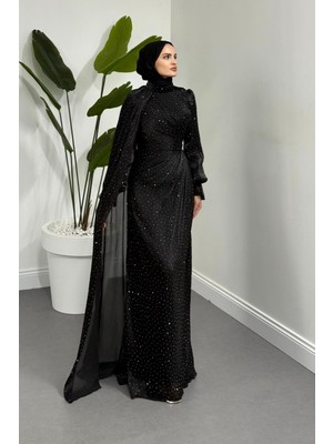 Merven Akyüz Lunara Taşlı Janjan Kumaş Abiye Siyah