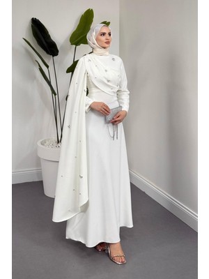Merven Akyüz Elysia Pelerinli Taşlı Abiye Beyaz