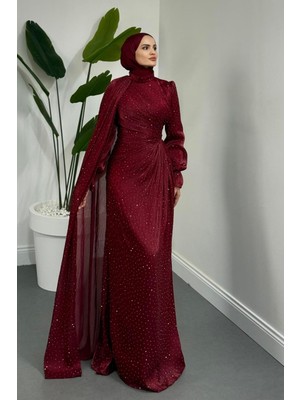 Merven Akyüz Lunara Taşlı Janjan Kumaş Abiye Bordo