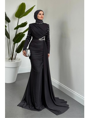 Merven Akyüz Elvira Taş Detaylı Tül  Abiye Füme