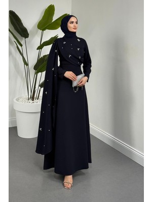 Merven Akyüz Elysia Pelerinli Taşlı Abiye Lacivert