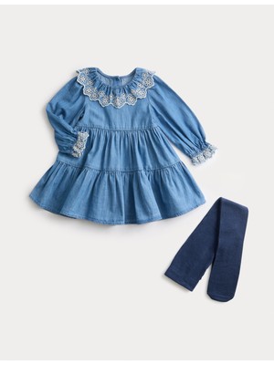 Marks & Spencer Saf Pamuk Denim Elbise ve Külotlu Çorap Takımı