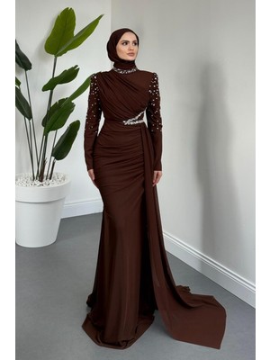 Merven Akyüz Elvira Taş Detaylı Tül  Abiye Kahverengi