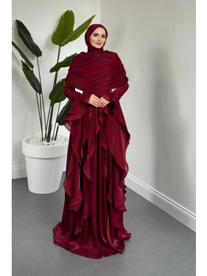 Merven Akyüz Naruna Pelerinli Fırfırlı Abiye Bordo