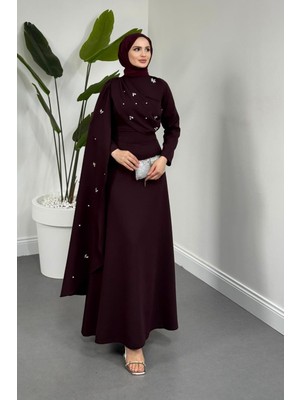 Merven Akyüz Elysia Pelerinli Taşlı Abiye Mürdüm