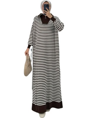 Tesettür Diyarı Yarım Fermuarlı Çizgili Triko Oversize Elbise- Acı Kahve Standart (36-42 Uyumlu)
