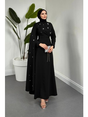 Merven Akyüz Elysia Pelerinli Taşlı Abiye Siyah