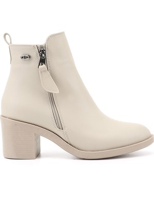 GÖNDERİ Kadın Bej  Çift Fermuarlı Kalın Topuklu Bot