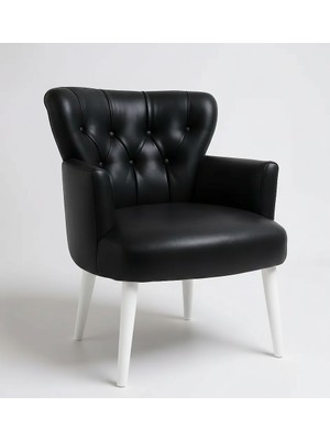 Waterybrook Tekli Berjer Koltuk - Kapitoneli Suni Deri - Beyaz Ahşap Ayaklı - Modern Tasarım