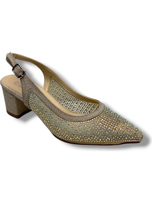 Desire Shoes Desire 356-26 Pullu Siimli Saten Fileli Taşlı Kare Topuk Kadın Ayakkabı 6cm