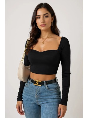 Sb Shopping Kadın Siyah Uzun Kol Göğüs Dekolteli Şık Crop Top Bluz – Şık, Rahat ve Kolay Kombinlenebilir
