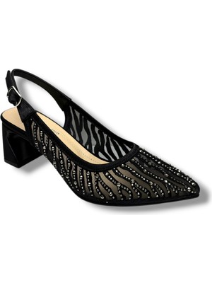 Desire Shoes Desire 343-26 Saten Simli Taşlı Kısa Kalın Topuk Kadın Abiye Ayakkabı 6,5cm