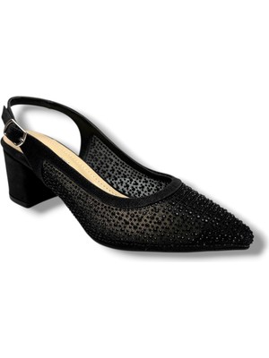 Desire Shoes Desire 356-26 Pullu Siimli Saten Fileli Taşlı Kare Topuk Kadın Ayakkabı 6cm