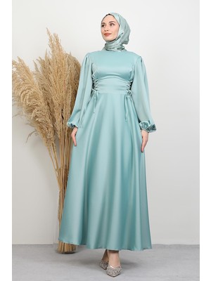 Yandan Bağcıklı Kloş Elbise Su Yeşil
