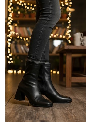 Ayakmod 2615 Polarlı Fermuarlı Streç Siyah Kadın Topuklu Bot