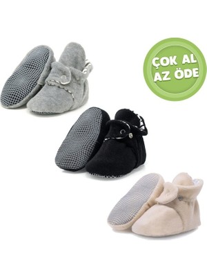 Ella Bonna Kaydırmaz Taban, Organik %100 Pamuk Astarlı , Bebek Panduf , 3'lü Ekonomik Paket (Bej-Siyah-Gri)