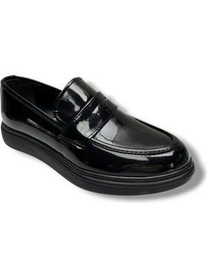 Rasgo 4346-26 Rugan Deri Fiyonklu Anatomik Erkek Çocuk Ayakkabı 37-40 Düz Taban Suni Deri Siyah