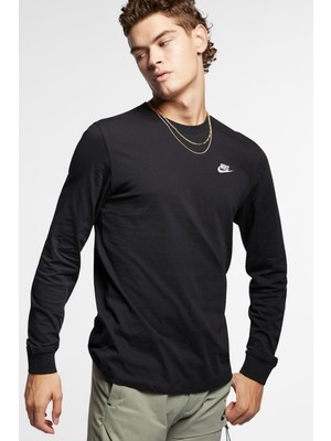 Nike Nsw Club Tee Erkek Uzun Kollu Spor Tişört %100 Pamuk Günlük Kullanıma Uygun Siyah Renk