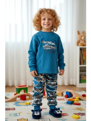 Aydoğan Erkek Çocuk Kadife Polar Desenli Pijama Takımı 1669 PETROL01