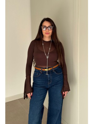 Magarde Basic Ispanyol Kol Bluz- Kahverengi