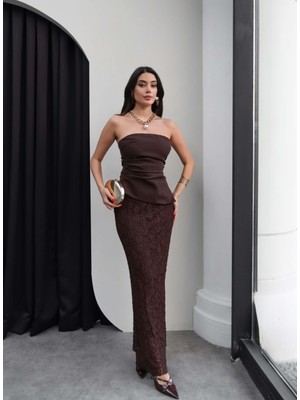 Esra Helvacı Straplez Eteği Dantelli Uzun Elbise