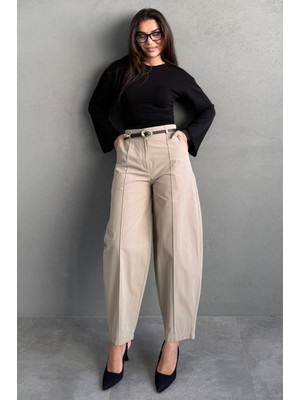 Madmext Haki Modern Kesim Kemerli Yüksek Bel Bol Paça Kumaş Pantolon MG2618