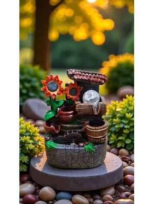 Genel Su Değirmeni Çiçekli Fıçı, Küp Dekoratif LED Işıklı Şelale Biblo Hediyelik Eşya Doğa Temalı