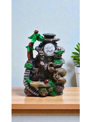Genel Su Değirmeni Fil Figürlü Fıçı Küp Dekoratif LED Işıklı Şelale Hayvan Motifli Hediyelik Doğa Temalı