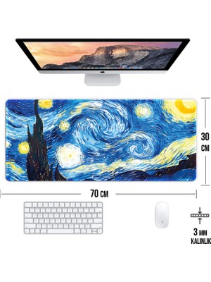 Hamiki Van Gogh Yıldızlı Gece Large Gaming Mouse Pad 70x30 cm Kaymaz Taban Dikişli Kenar Masa Matı