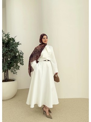 Moda Aksa 6005 Bel Fiyonk Etekli Takım Beyaz