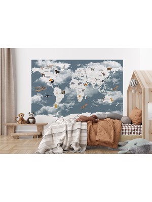 the mr east Dünya Haritası Çocuk ve Bebek Odası Hayvanlar Alemi Duvar KAĞIDI-3818