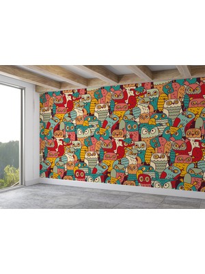 the mr east Sevimli Renkli Baykuşlar Desenli Duvar KAĞIDI-5710