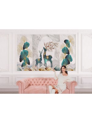 the mr east Altın Detaylı Geyik ve Yavrusu Desenli Duvar KAĞIDI-5635