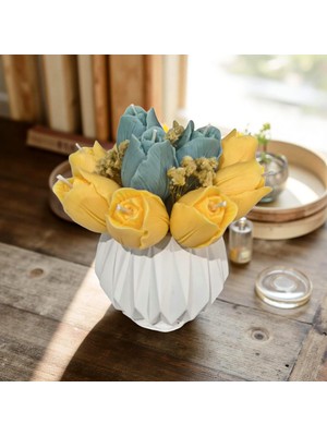 Hediye İstasyonum El Yapımı Turuncu & Turkuaz Lale Mum Buketi | Kokulu Soya Mum | Taş Tozu Dekoratif Vazo