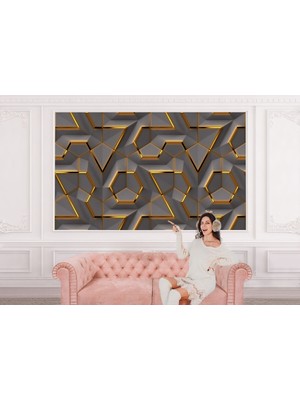 the mr east 3D Görünümlü Altın Detaylı Geometrik Desen Duvar KAĞIDI-5608
